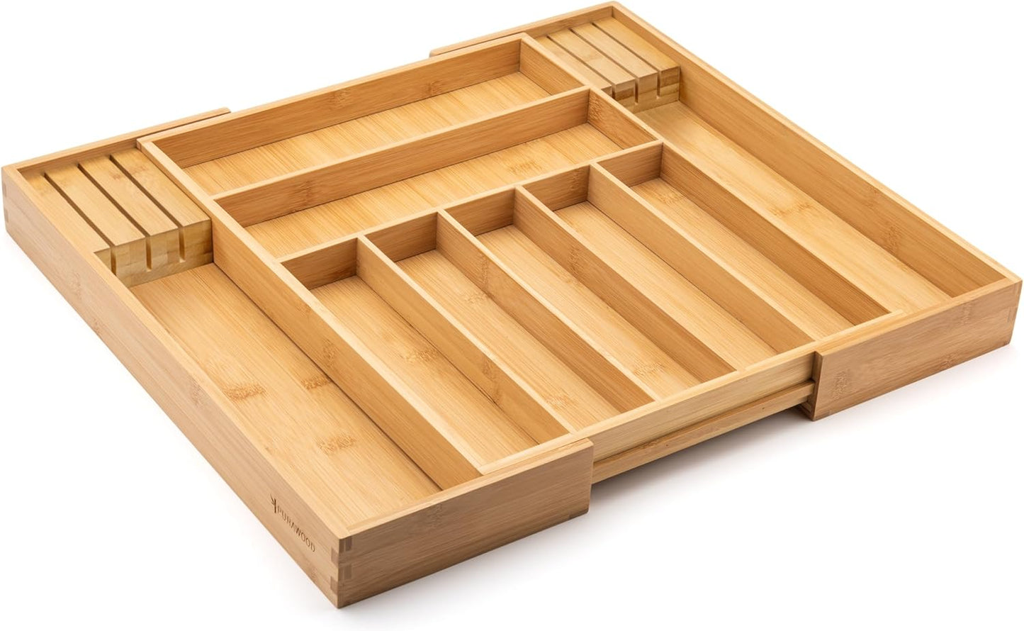 Purawood Bamboo Drawer Organizer - Expandable Silverware Organizer & Utensil Drawer Organizer, Cutlery Tray with Dividers, 7-9 Slots- Kitchen Organizer for Utensils & Flatware (Natural)