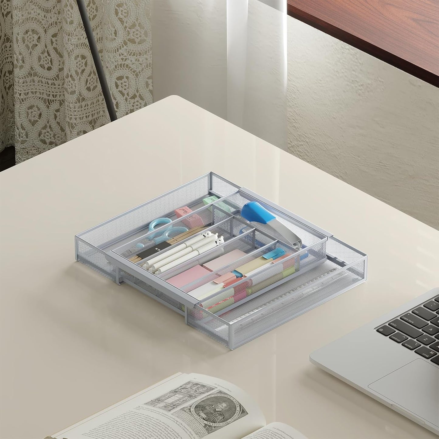 Sedegn Silverware Organizer Metal Mesh, Large Drawer Organizer, Utensil Cutlery Tray for kitchen drawers, Flatware Organizer with 6 Compartment, Black (11.3”*16“)