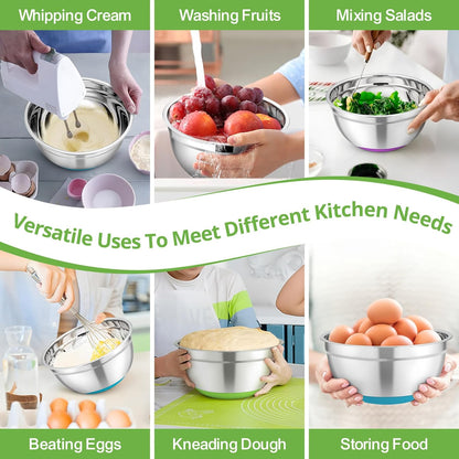 TeamFar Mixing Bowls with Lids Set, 7/3.5/2.5/1.5/1 QT, Stainless Steel Large Red Nesting Metal Salad Mixing Bowl Set of 5, Healthy & Easy Clean, Airtight Lid & Non-slip Bottom