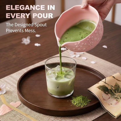 SIMPLETaste Matcha Whisk Set, 7 Pcs Ceramic Matcha Kit Includes Bowl, Whisk and Holder, Bamboo Scoop, Scoop Rest, Sifter and Tea Towel - Matcha Kit for Macha Lovers (Pink)