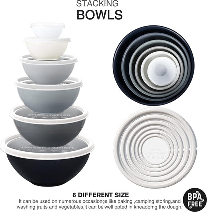 Greentainer Plastic Mixing Bowls with Lids Set for Kitchen, 6 Set Nesting Bowls for Mixing, Baking, Prepping, Cooking and Serving Food, Mixing Bowls Dishwasher, Microwave Safe