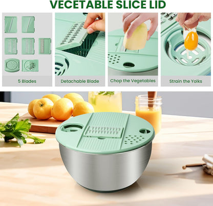 4.25 Qt Stainless Steel Salad Spinner Large, Salad Wash Bowl, Fruit & Vegetable Dryer, with 5-Blade Slicer, Egg Yolk Strainer and Shredder for Efficient Salad Preparation and Food Washing