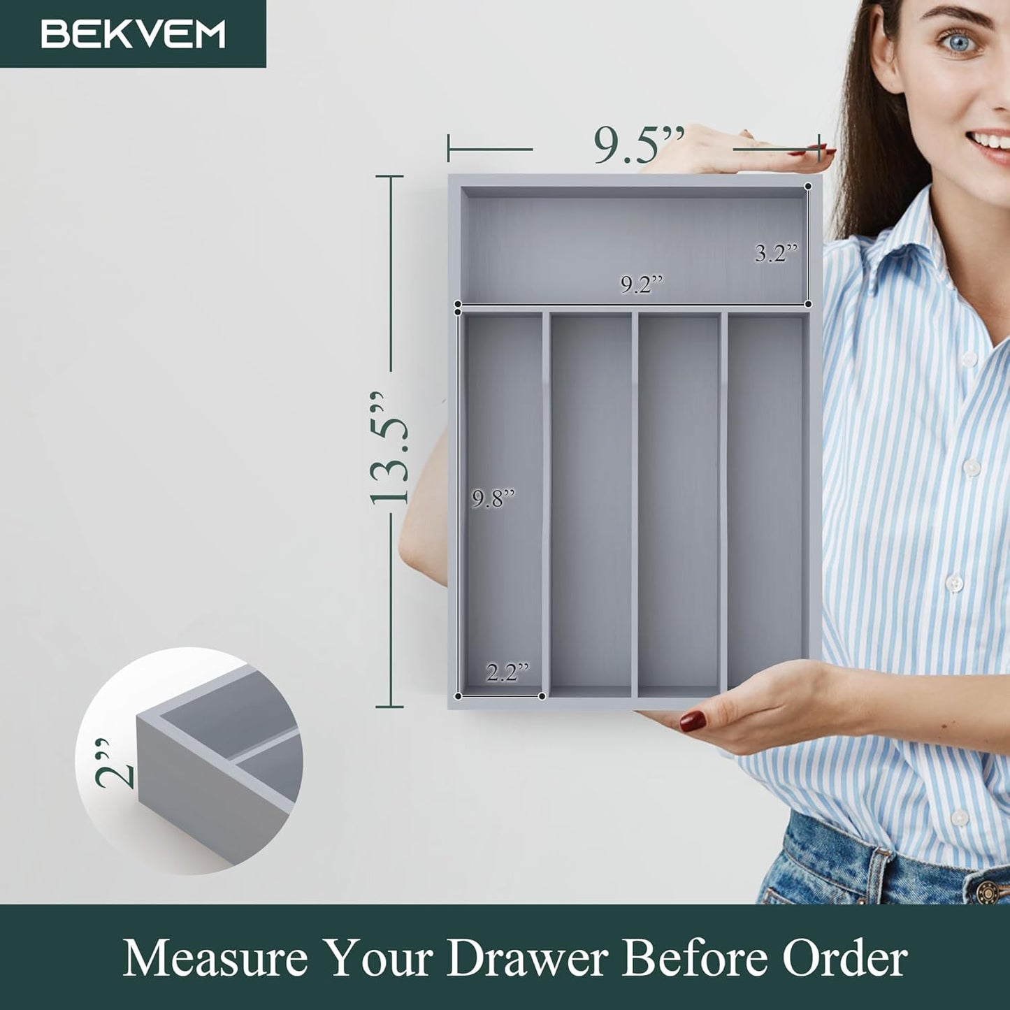 Bamboo Silverware Organizer, Kitchen Drawer Organizer, Utensil Holder, Cutlery Tray & Spoon Flatware Storage with Grooved Drawer Dividers (9.5''W x 13.5''D)