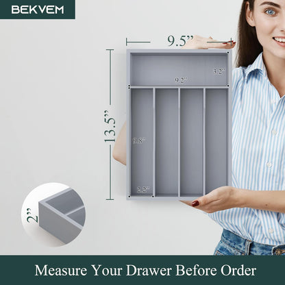 Bamboo Silverware Organizer, Kitchen Drawer Organizer, Utensil Holder, Cutlery Tray & Spoon Flatware Storage with Grooved Drawer Dividers (9.5''W x 13.5''D)