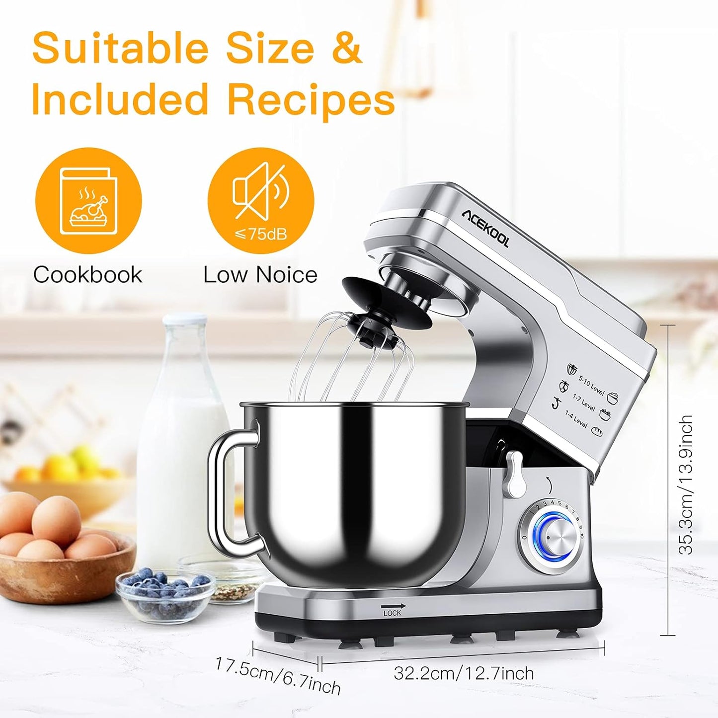 Stand Mixer, 7.5QT 660W Electric Dough Mixer, Kitchen 10-Speed Tilt-Head Food Mixer for Baking&Cake, with Stainless Steel Bowl, Whisk, Dough Hook, Beater, Splash Guard(RED) MC1