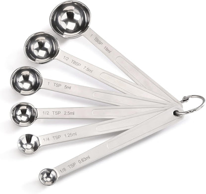 New Star Foodservice 43112 Stainless Steel Measuring Spoons, Set of 6, Round Metal Measuring Spoon Set with Ring Hook for Baking, Cooking, Spices, Wet and Dry Ingredients, Silver