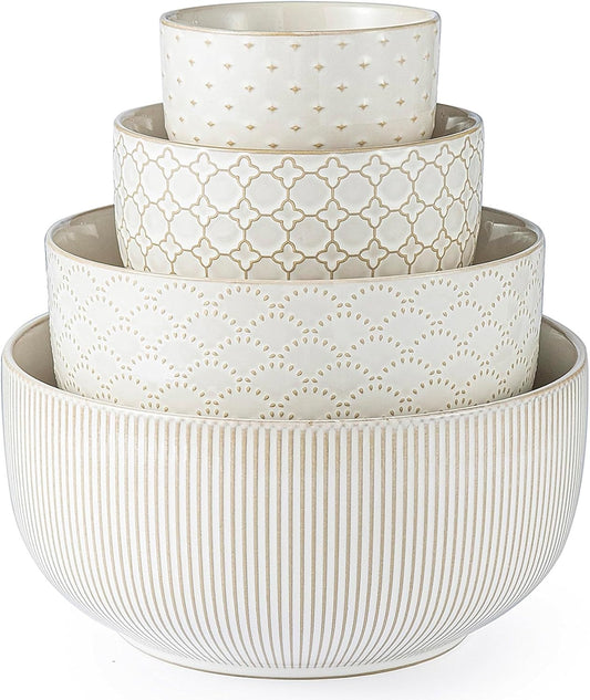 Ceramic Mixing Bowls, Embossed Nesting Bowls Set of 4, Mixing Bowl Set for Serving, Baking, Cooking and Gift, Microwave and Dishwasher Safe, 20/47/99/148 oz, Off-White