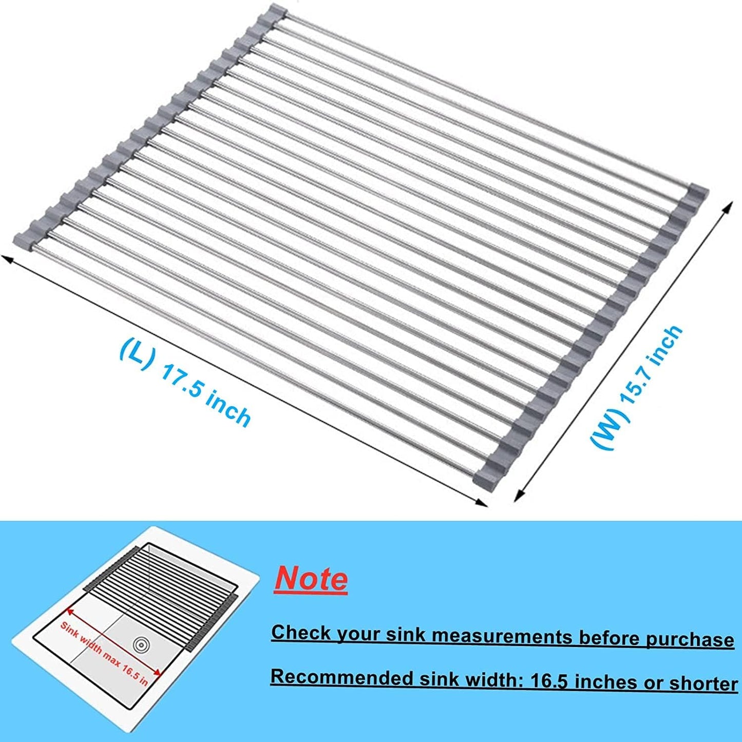 Seropy Roll Up Dish Drying Rack Over The Sink for Kitchen Sink Drying Rack Folding Dish Drainer Mat Rolling Dish Rack Sink Rack Stainless Steel Kitchen Dry Rack Black 17.5x15.7 Inch
