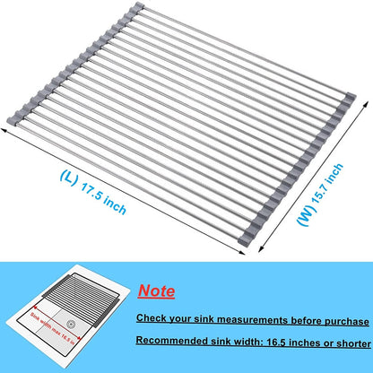 Seropy Roll Up Dish Drying Rack Over The Sink for Kitchen Sink Drying Rack Folding Dish Drainer Mat Rolling Dish Rack Sink Rack Stainless Steel Kitchen Dry Rack Black 17.5x15.7 Inch