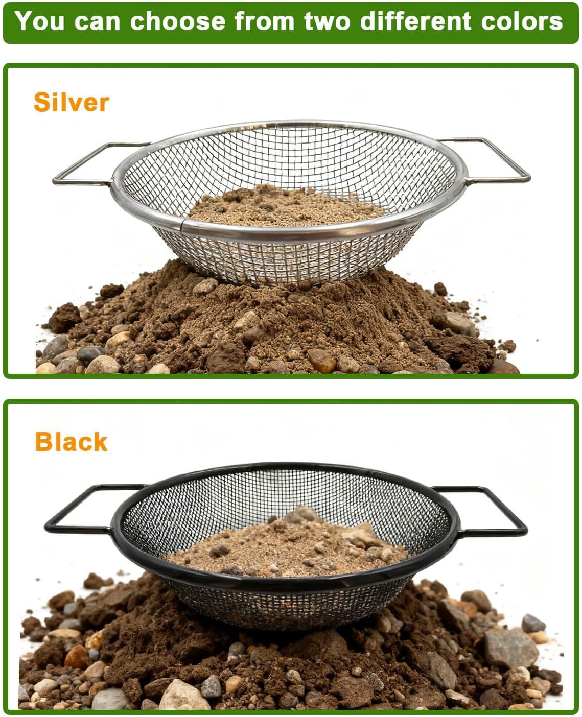 Dirt Soil Sifter for Gardening - 2Pcs Multi Mesh Size Set (1/8",1/4",) Heavy Duty Garden Sieve with Handles, Ideal for 5 Gallon Bucket Compost, Dirt, Sand, Gravel, Rocks & Sawdust Sifter