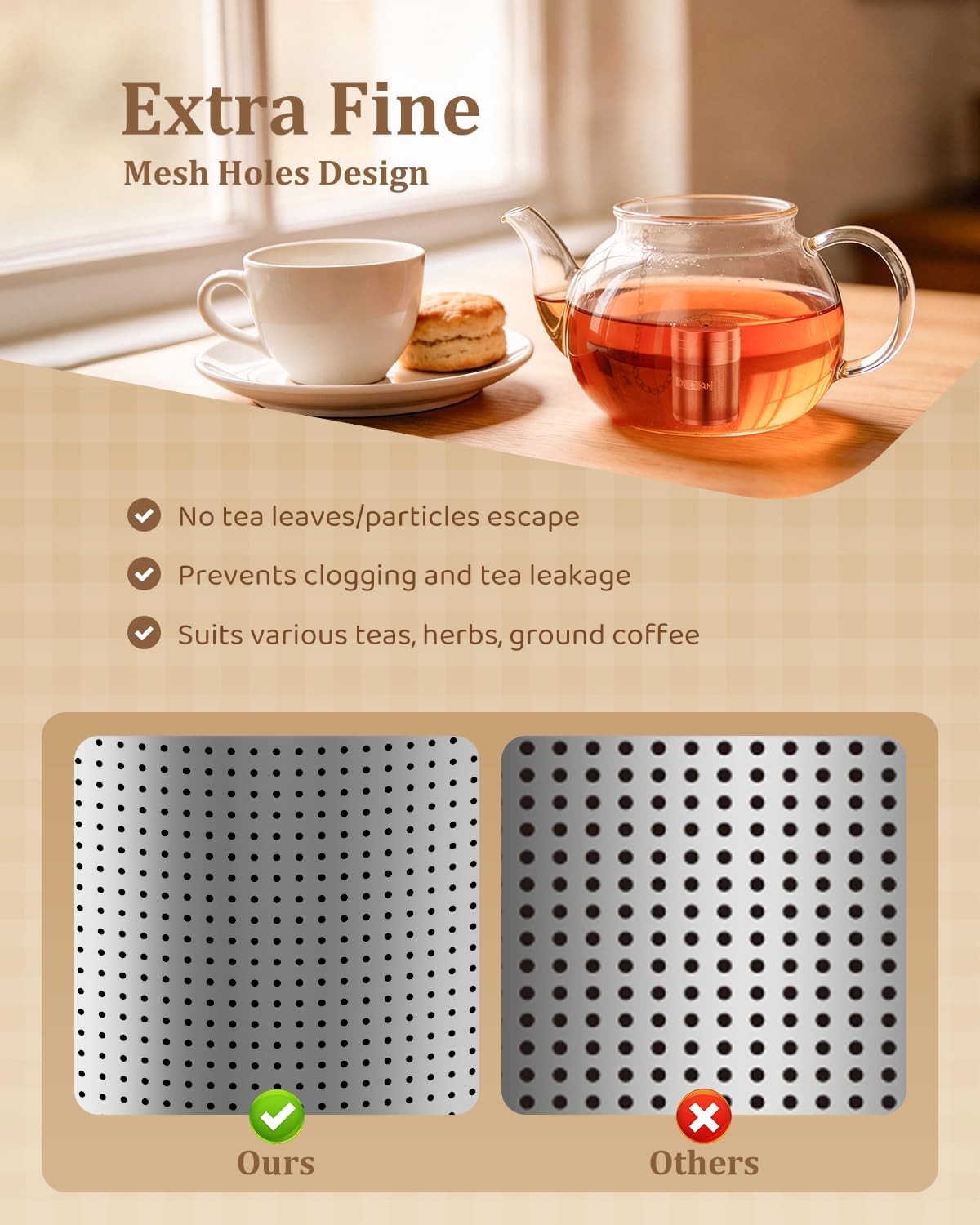 House Again Tea Infusers, Extra Fine Mesh Tea Strainers for Loose Tea, Updated Slim Threaded Lid & 304 Stainless Steel, Loose Leaf Tea Steeper for Brew Tea Spices & Seasonings