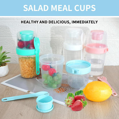 WRENYZK 4 Pcs Salad Shakers with Fork, Salad Cup To Go, Breakfast On The Go Cups, Health Container with Washing Brush, Salad Pods for Lunch, Separate Compartments, Leakproof Design