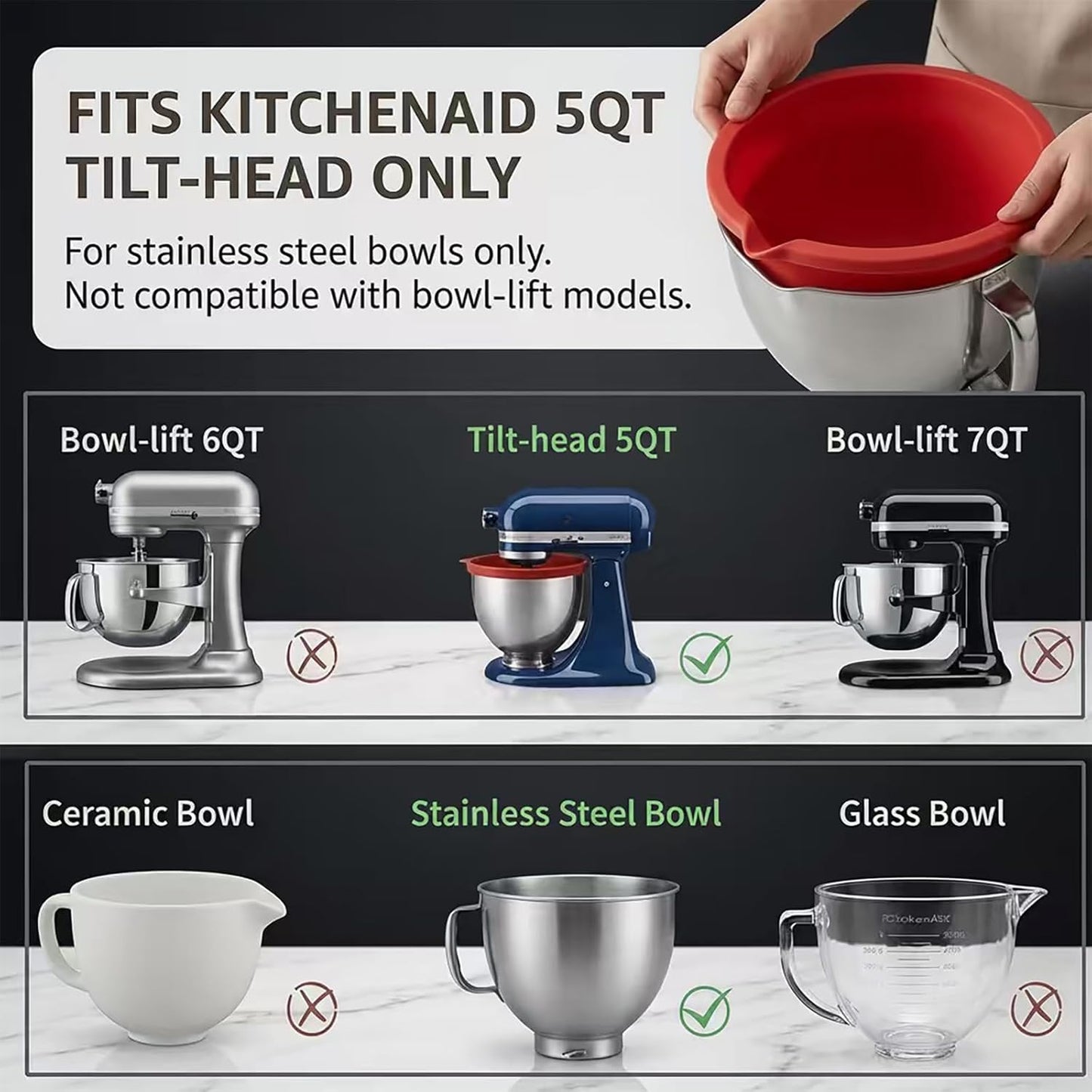 3-Pack Collapsible Silicone Bowl Liners Inserts for KitchenAid 5QT Tilt-Head Mixer Accessories, with Airtight Lids, Food Grade for Dough Proofing & Space-Saving Storage