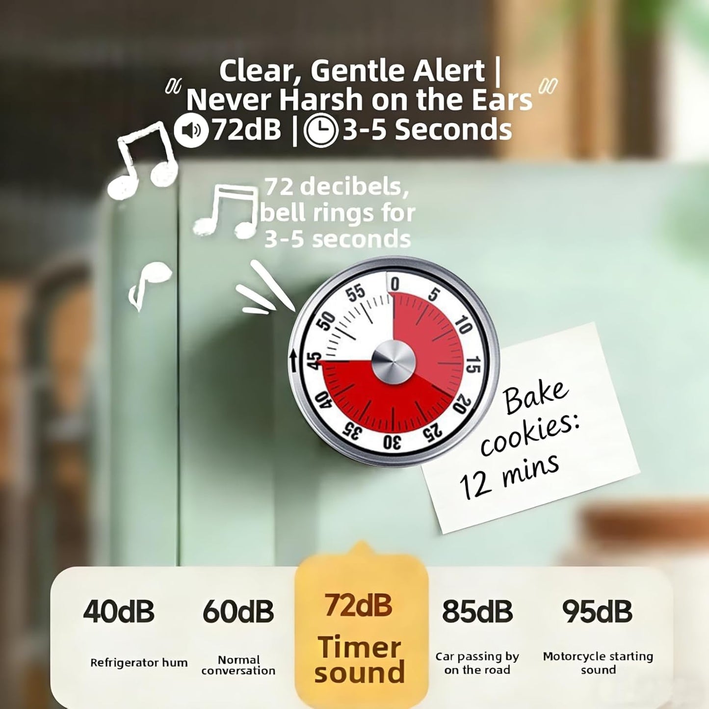 Kitchen Magnetic Visual Cooking Mechanical Timer with Loud Alarm, No Batteries Required, Stainless Steel, Countdown 60 Minute Wind Up Timer for Study, Chef, Teacher, Office (White)