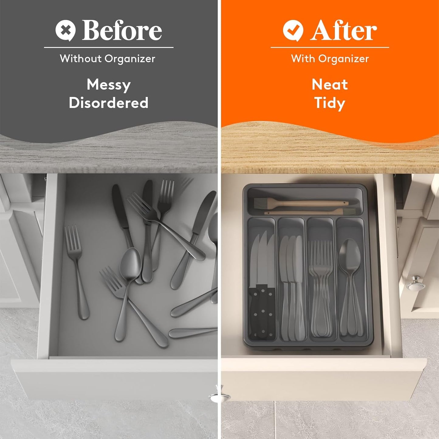 Lifewit Silverware Organizer with Lid, Covered Utensil Tray for Kitchen Drawer and Countertop, Plastic Cutlery and Flatware Storage Box for Spoons Forks Knives Holder Case, 12.6x11.8", Gray