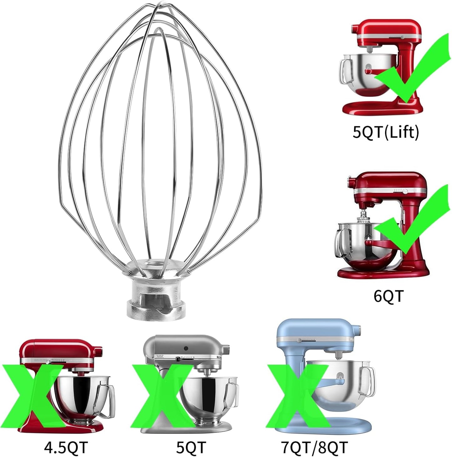 Stainless Steel 3 Piece kit Attachments，Dough Hook 6 Wire Whisk Flat Beater Compatible with KitchenAid 5 Plus -6QT Mixer，Bowl Lift Stand Mixer Accessory，Rust Resistant，Dishwasher Safe
