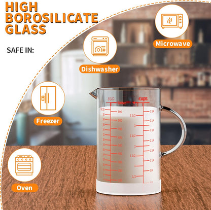 4 Cup Glass Measuring Cup with Handle, 77L High Borosilicate Glass Measuring Cup with V-Shaped and Three Scales (Cup, OZ, ML), Glass Liquid Beaker with Silicone Base, Double-Sided Measure Scales