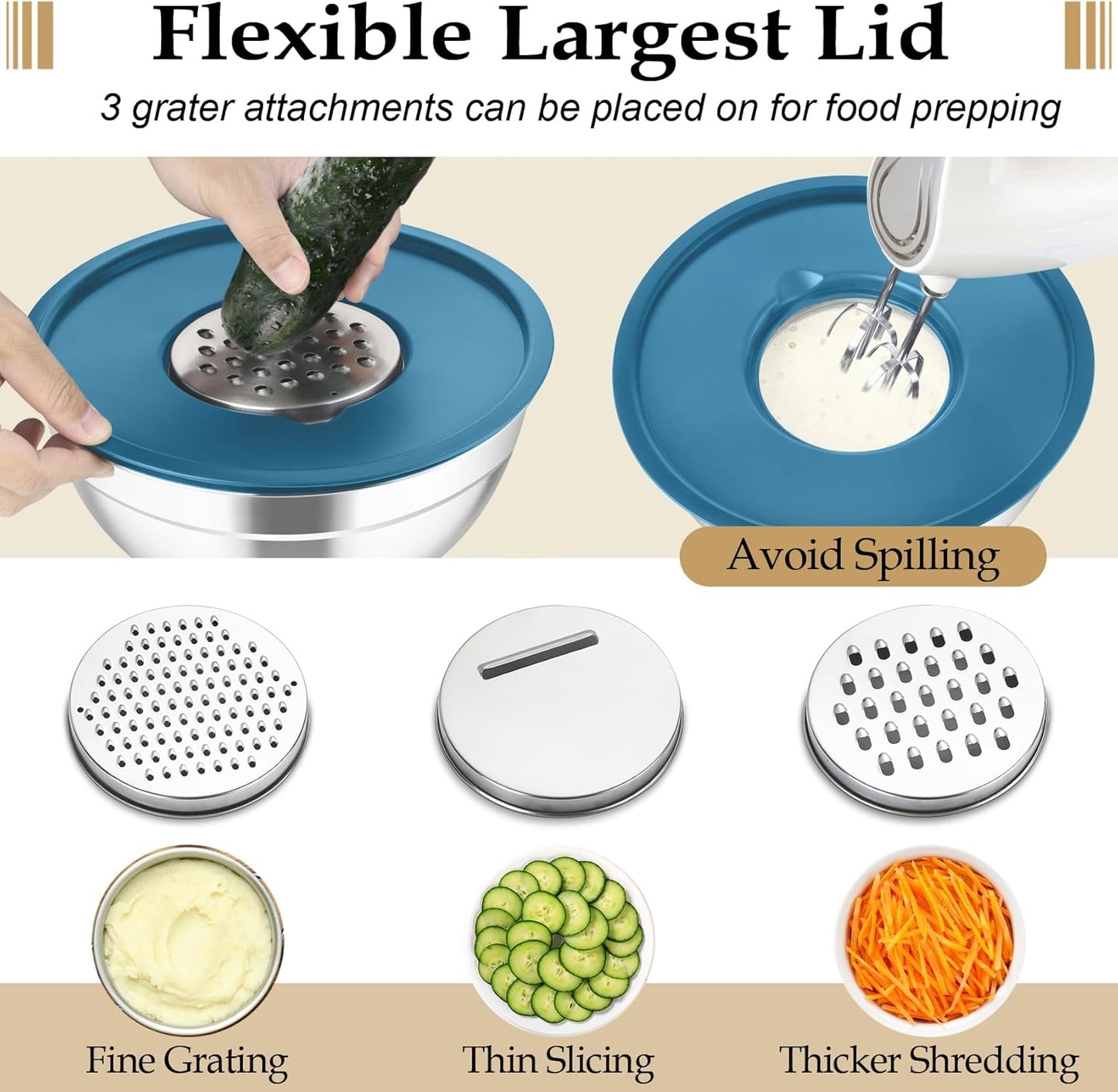 TeamFar Mixing Bowls, 6PCS Stainless Steel Nesting Mixing Salad Bowl with Lids & 3 Grater Attachments, for Food Cooking Baking Storing, Healthy, Khaki - 4.6/2.6/2 / 1.5/1 / 0.7 QT