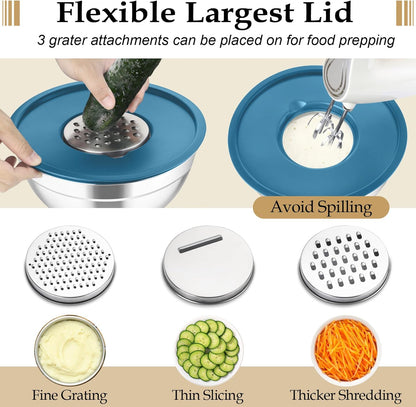 TeamFar Mixing Bowls, 6PCS Stainless Steel Nesting Mixing Salad Bowl with Lids & 3 Grater Attachments, for Food Cooking Baking Storing, Healthy, Khaki - 4.6/2.6/2 / 1.5/1 / 0.7 QT