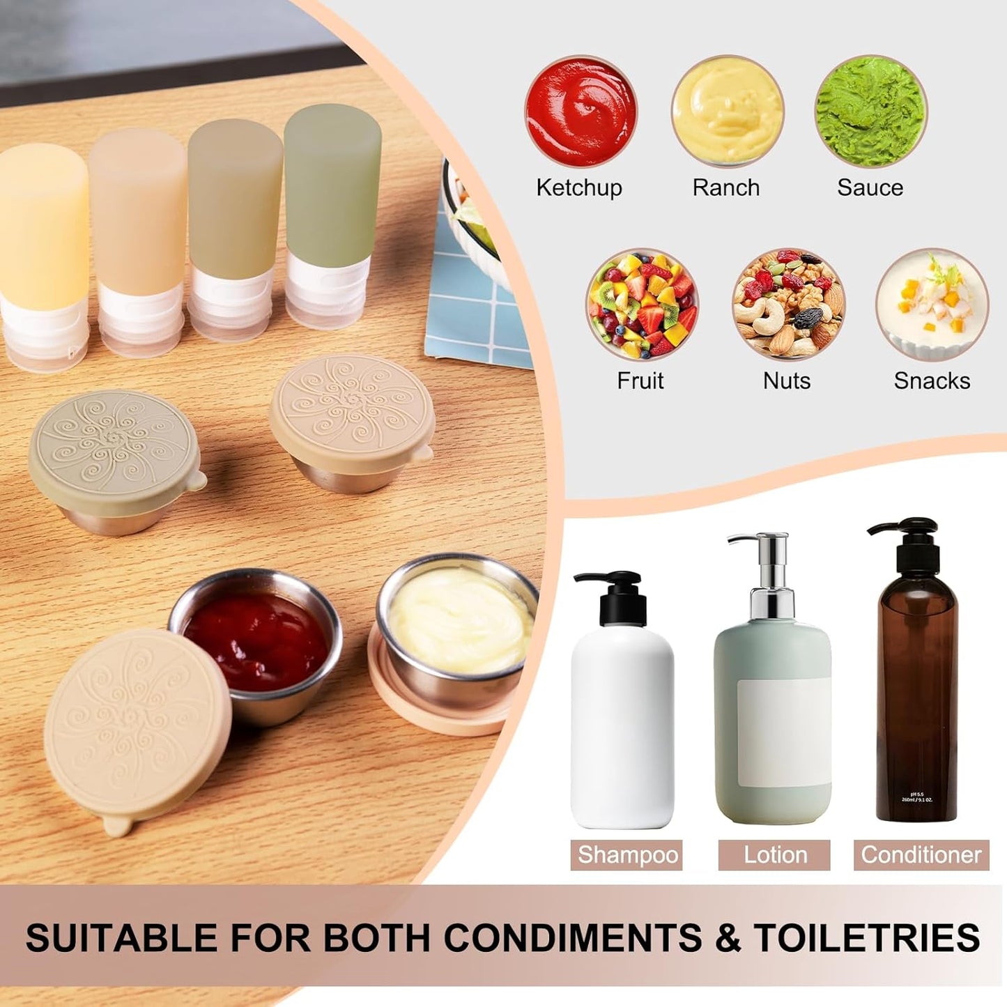 MICEBAY 8-Pack Salad Dressing Container To Go, 2-oz Silicone Small Condiment Squeeze Bottles and 1.6 oz Stainless Steel Sauce Containers Cups, Leakproof Condiment Containers with Lids for Lunch Box
