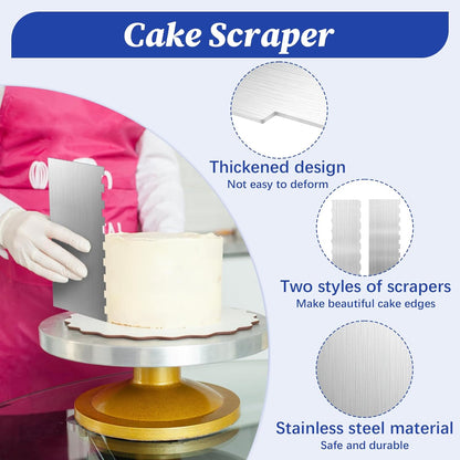 2 Pcs Stainless Steel Cake Scraper, 8.6-inch Double Sided Patterned Edge Stripe Edge Smoother Scraper, Cake Decorating Comb Metal Cake Scraper for Butter Mousse Cream Decoration
