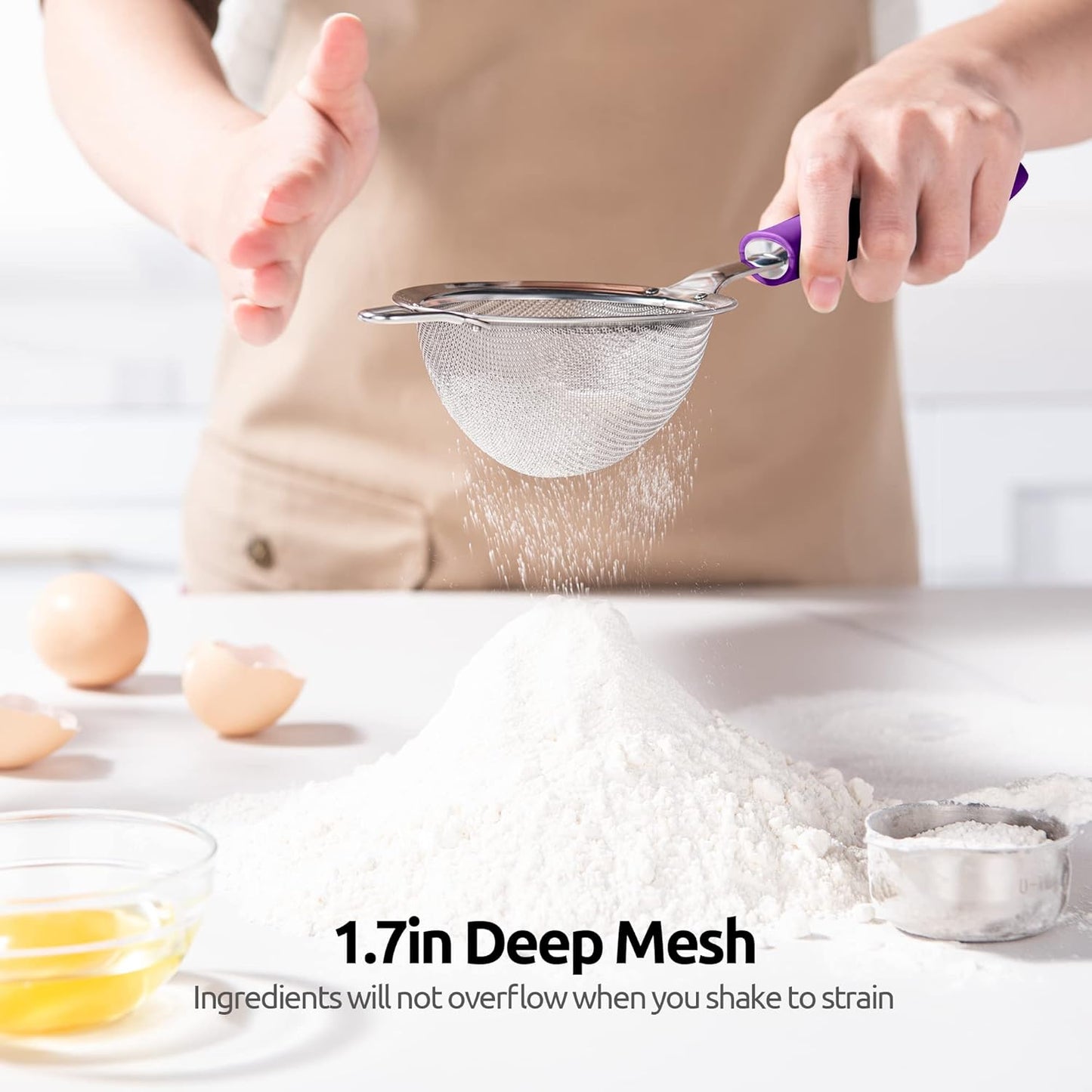 18/8 Stainless Steel Mesh Strainer: U-Taste 5.5 Inch Kitchen Fine Mesh Sieve Food Colander with Riveted Sturdy Silicone Handle and 30 Mesh Hole for Straining Flour, Pasta, Fruit, Quinoa(Aqua Sky)