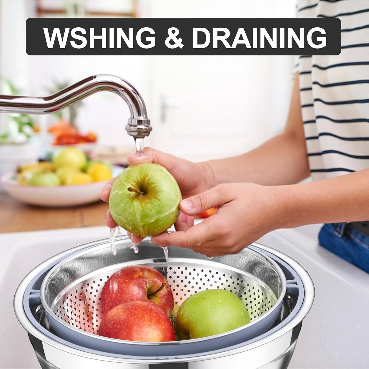 E-far Colander with Mixing Bowl Set, 4-1 Stainless Steel Colander Strainers Bowl with Graters for Kitchen, Rotatable Food Strainer Bowl for Rinsing Fruits Vegetables/Draining Pasta - Blue