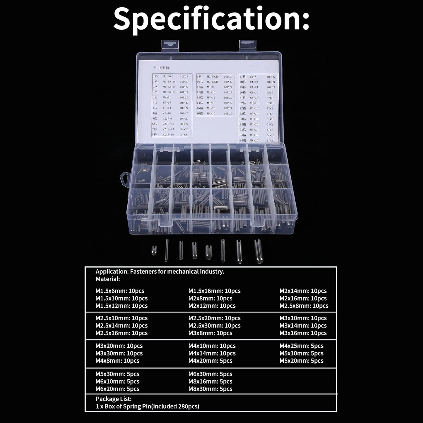 280Pcs Stainless Steel Roll Pin Assortment Kit Metric Slotted Spring Pins M1.5 to M8 Split Tension Pins for Automotive Machinery Industrial Repair