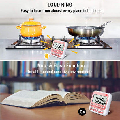 KTKUDY Digital Kitchen Timer with Mute/Loud Alarm Switch ON/Off Switch, 12-Hour Clock & Alarm, Memory Function Count Up & Count Down for Kids Teachers Cooking, Large LCD Display, Strong Magnet (Black)