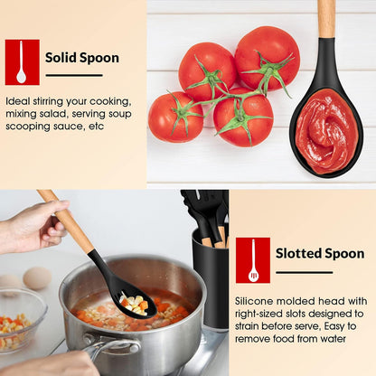 E-far Cooking Utensils Set of 6, Silicone Kitchen Utensils with Wooden Handle, Non-stick Cookware Friendly & Heat Resistant, Includes Spatula/Ladle/Slotted Turner/Serving Spoon/Spaghetti Server(Khaki)