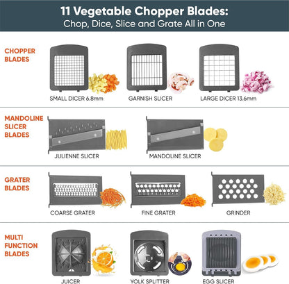 RüK Vegetable Chopper Slicer Onion Dicer, Multi 22-in-1 Veggie Mandoline Food Cutter for Tomato Fruit with Lemon Squeezer, E-Recipe, 11 Blades, Egg Separator & Slicer, Container