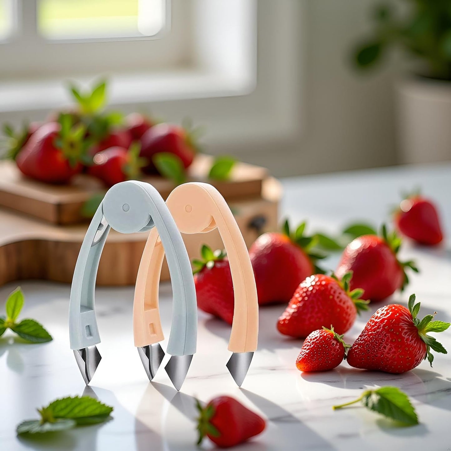 2 Pack Strawberry Huller Stem Remover Tomato Pineapple Corer Kitchen Gadget, Stainless Steel Blade and Handle, Blue and Pink