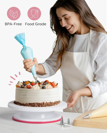 Kootek 71PCs Cake Decorating Kit, Baking Supplies Tools - Includes Cake Stand Turntable, 12 Icing Piping Tips Set, 2 Frosting Spatulas, 3 Scrapers, 50+2 Piping Bags, Coupler, Video Tutorial, Booklet