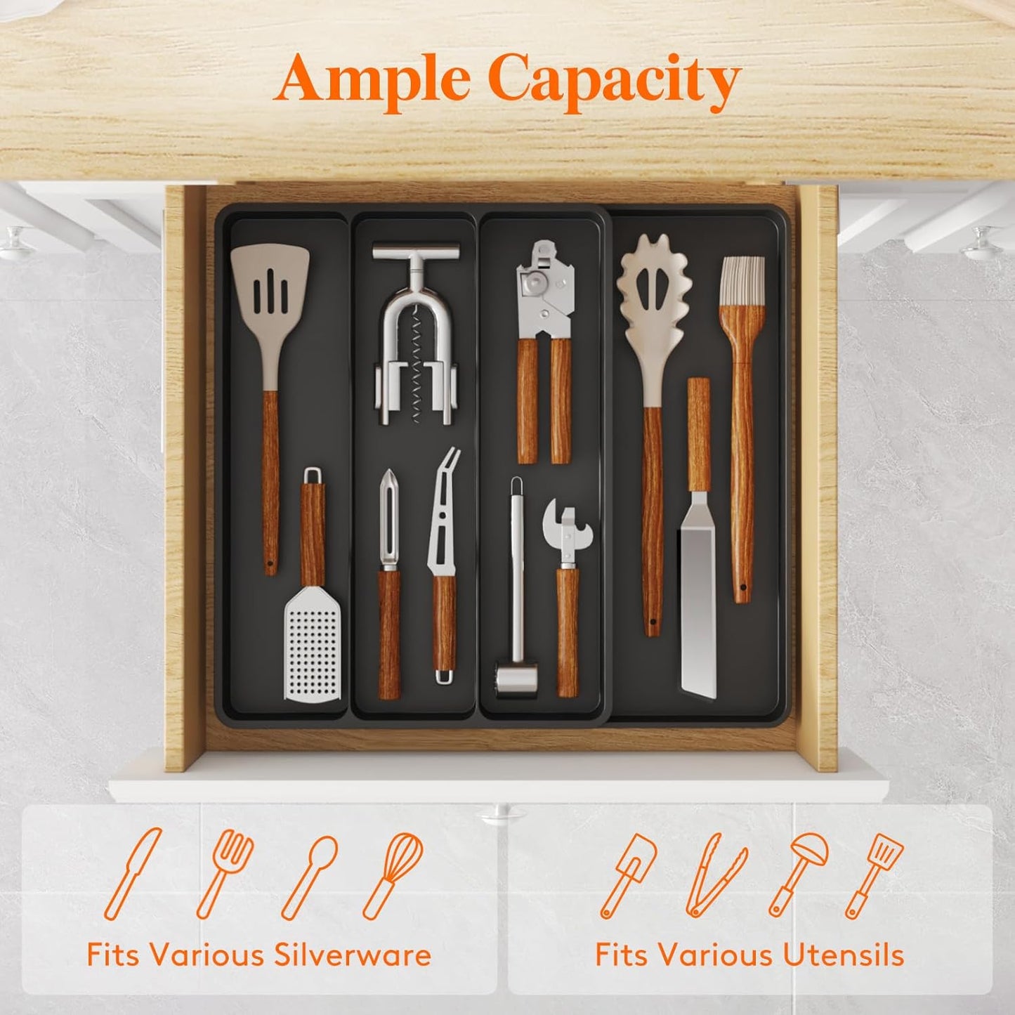 Lifewit Utensil Organizer for Kitchen Drawer, Expandable Cooking Silverware Tray, Adjustable Cutlery Flatware Holder, Plastic Spatula Tools Storage Divider, 14.4 x 15.8", Black