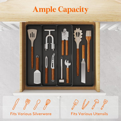 Lifewit Utensil Organizer for Kitchen Drawer, Expandable Cooking Silverware Tray, Adjustable Cutlery Flatware Holder, Plastic Spatula Tools Storage Divider, 14.4 x 15.8", Black