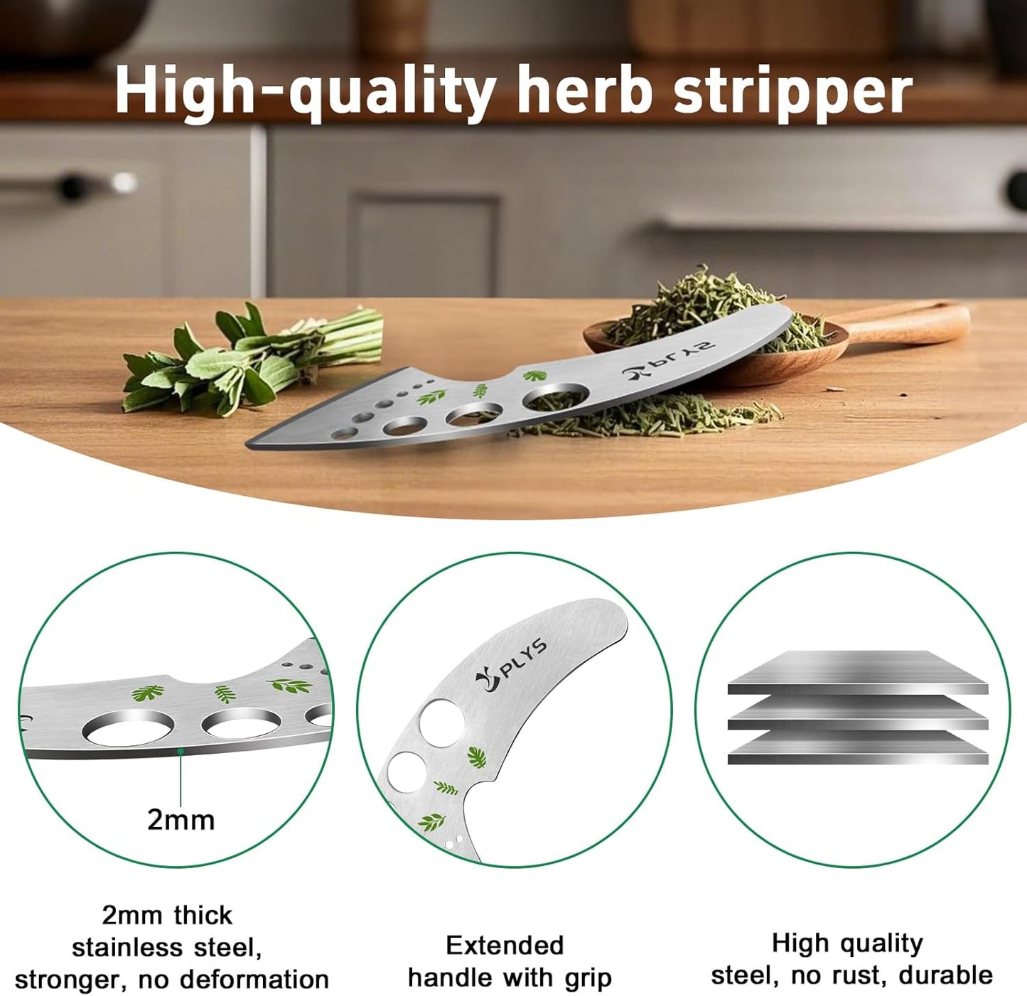 Plys Herb Stripper Tool 9 Holes - Stainless Steel Kitchen Herb Stripping Tool, Herb Leaf Peeler for Kale, Chard, Collard Greens, Rosemary, Thyme, Parsley and Basil, 2026 Professional Kitchen Gadgets