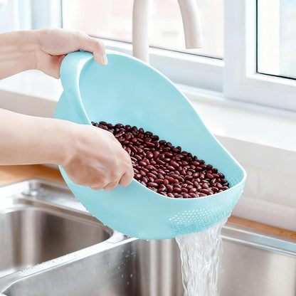 Plastic Washing Bowl With Strainer - Efficiently Wash Small Grains for Rice, Pasta, Vegetables, Fruits-Blue