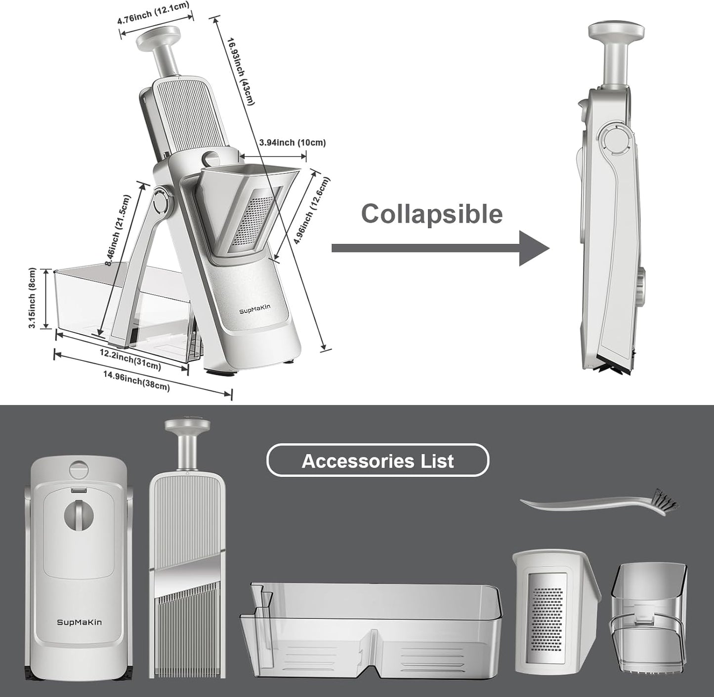SupMaKin Safe Mandoline Slicer for Kitchen, Potato Slicer for Chips, Vegetable & Food Cutter,Thickness Adjustable 0.1-8 mm, Kitchen Faster Slice Artifact (Only Slicer)