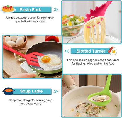 TeamFar Silicone Cooking Utensil Set of 7, Black Kitchen Nonstick Tools Turner Spoon Spatula Ladle Pasta Server for Nonstick Cookware, Healthy & One-Piece, Anti-Heat & Dishwasher Safe