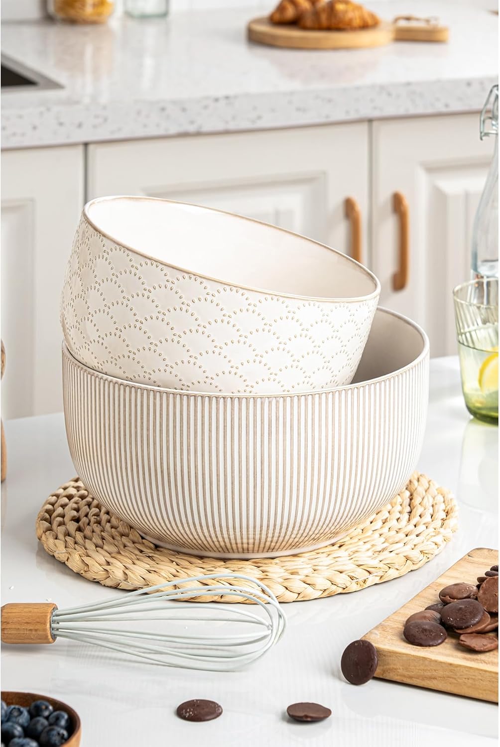 Ceramic Mixing Bowls, Embossed Nesting Bowls Set of 4, Mixing Bowl Set for Serving, Baking, Cooking and Gift, Microwave and Dishwasher Safe, 20/47/99/148 oz, Off-White