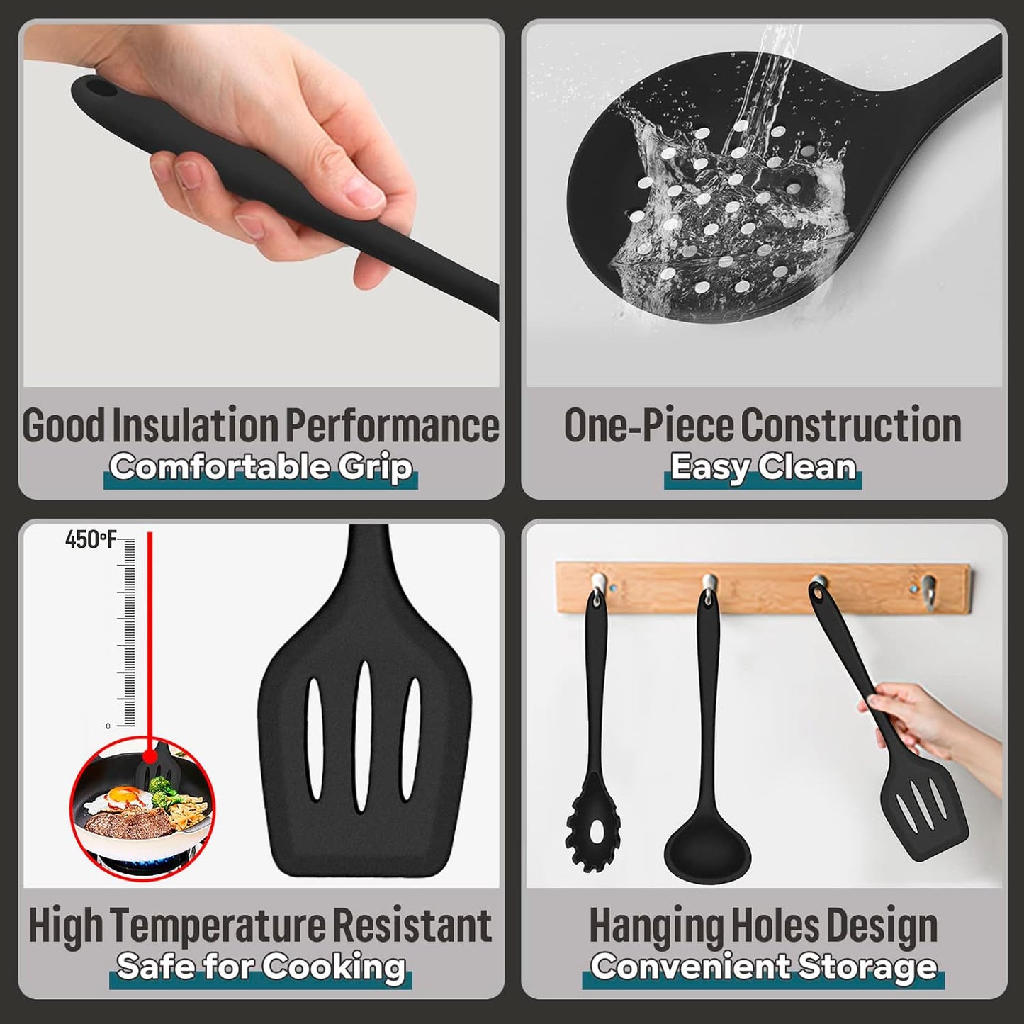 E-far Silicone Cooking Utensils Set, 7-Piece Black Heat Resistant Kitchen Utensils Set, Kitchen Nonstick Tools Spatula Ladle Spoon Pasta Server for Non-stick Cookware, Non-Toxic & Dishwasher safe
