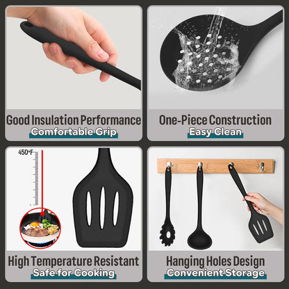 E-far Silicone Cooking Utensils Set, 7-Piece Black Heat Resistant Kitchen Utensils Set, Kitchen Nonstick Tools Spatula Ladle Spoon Pasta Server for Non-stick Cookware, Non-Toxic & Dishwasher safe