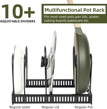 Pot Rack Organizer -Expandable Pot and Pan Organizer for Cabinet,Pot Lid Organizer Holder with 10 Adjustable Compartment for Kitchen Cabinet Cookware Baking Frying Rack,Bronze