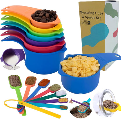 15 Pieces Colorful Plastic Measuring Cups and Spoons Set for Accurate Dry & Liquid Ingredients Measurements, Ideal Kitchen Set for Baking & Cooking – Premium, Durable, Easy-to-Use Set