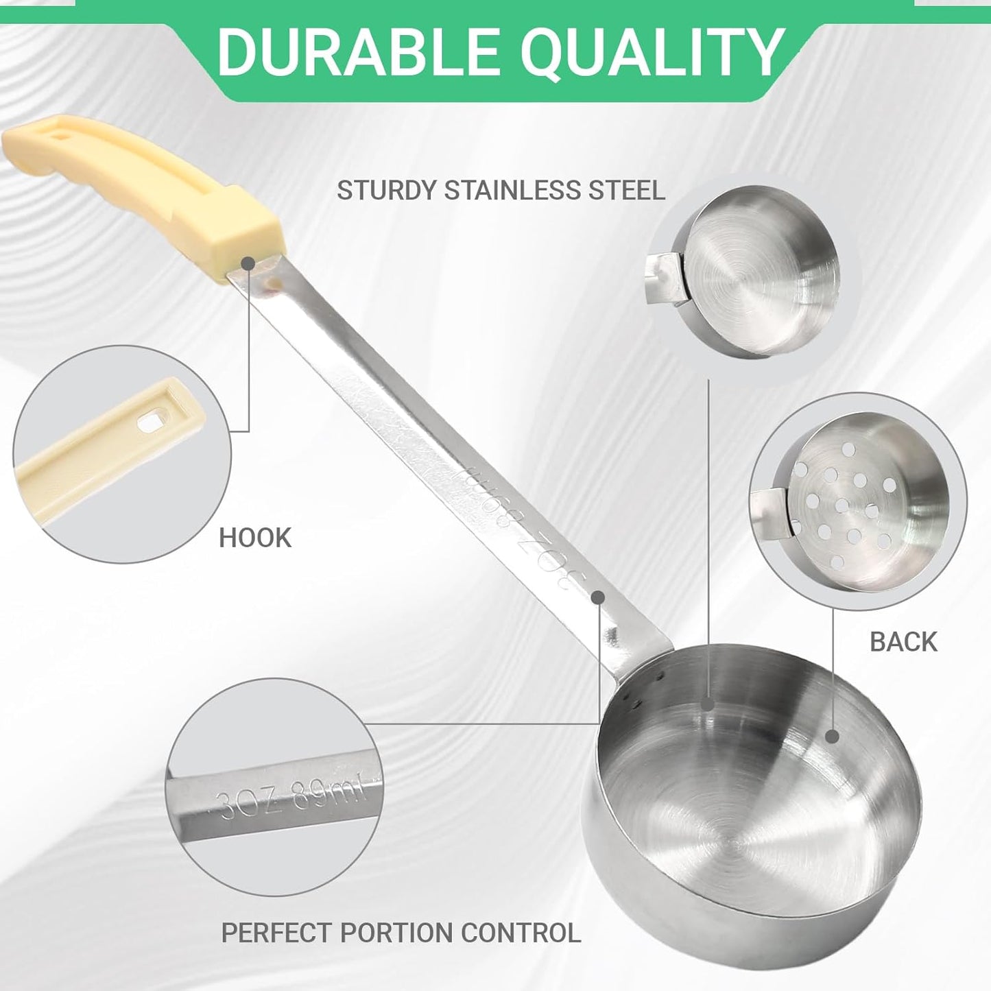 4PCS 3 oz Portion Control Serving Spoons,Measuring Ladle Scoops Food Utensils,Proportion Manage Slotted and Unslotted Scoops for Weight Loss/Kitchen(Creamy)
