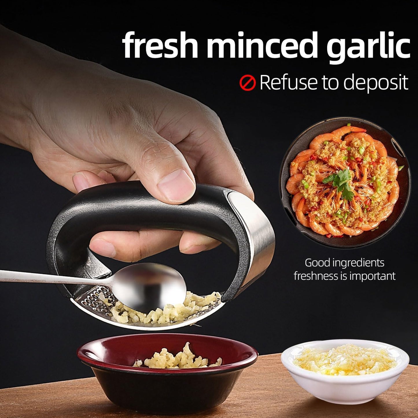 Stainless Steel Garlic Press and Garlic Peeler Set, Rust Proof Kitchen Garlic Mincer Crusher Squeezer with Ergonomic handle, Ginger Crusher with Good Grip, Easy to Clean, Dishwasher Safe (Black)