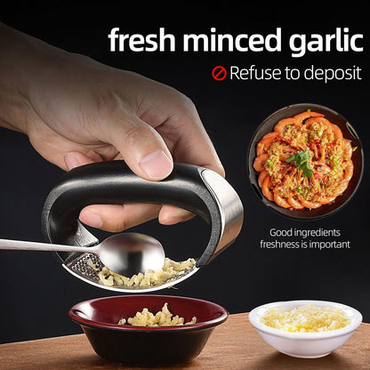 Stainless Steel Garlic Press and Garlic Peeler Set, Rust Proof Kitchen Garlic Mincer Crusher Squeezer with Ergonomic handle, Ginger Crusher with Good Grip, Easy to Clean, Dishwasher Safe (Black)