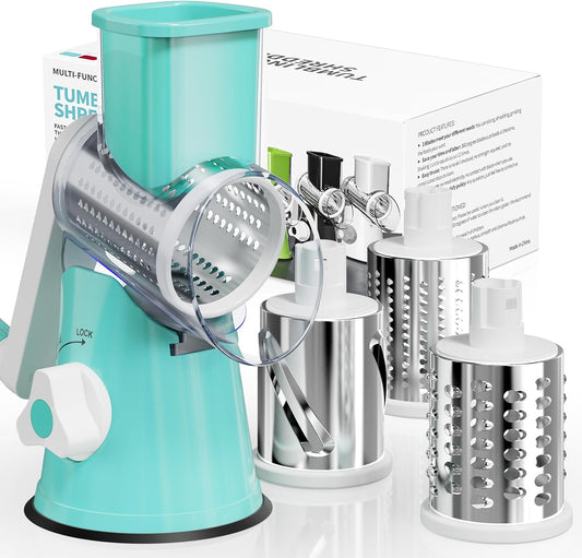 Cheese Grater Hand Crank, Rotary Cheese Shredder with 3 Interchangeable Blades for Coarse, Fine Shredding and Slicing, Strong Suction Base for Pizza, Pasta, Salad, Vegetables, Nuts, Chocolate