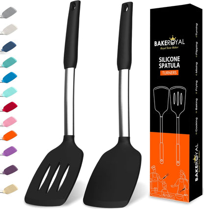BakeRoyal Silicone Spatula Set - Turner Spatulas Silicone Heat Resistant 600°F - Slotted & Solid Spatula for Cooking Fish, Eggs, Pancakes Flipper – Spatulas for kitchen use – Royal Blue