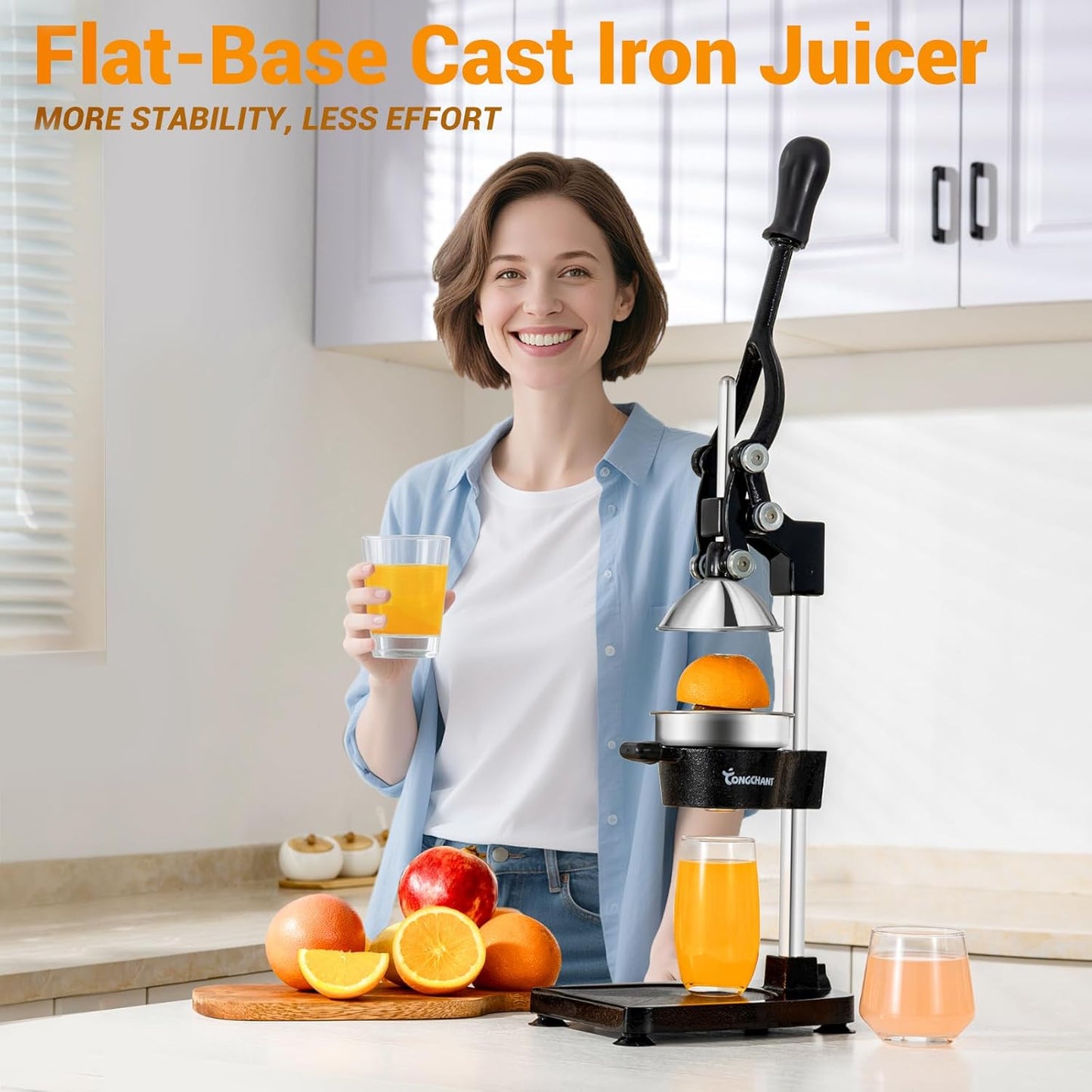 TONGCHANT Manual Juicer, Heavy Duty Cast Iron Juicer | Hand Press Juicer for Orange Lemon Lime Pomegranate & Citrus Fruits, High Leverage for Easy Juicing, Stainless Steel Cup, Easy to Clean, Black